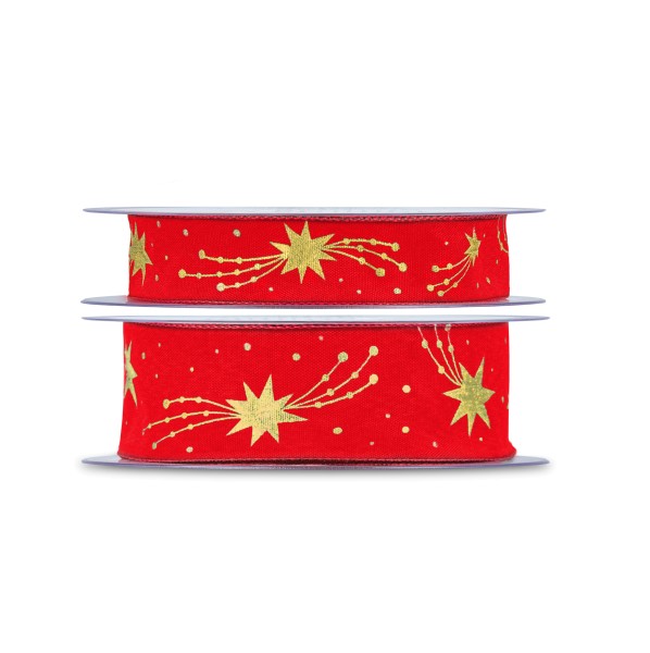 Weihnachtliches Schleifenband in Rot mit goldenen Sternschnuppen.