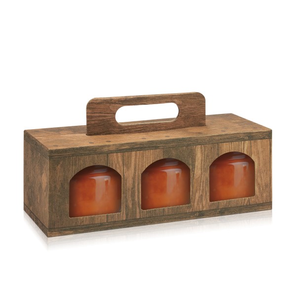 Tragekarton Vintage/Holz für drei kleinere Gläser.