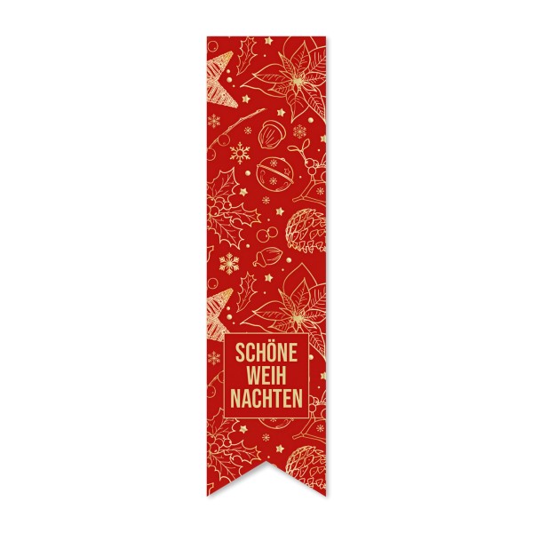 Rotes Verschlussetikett mit Motiven und Aufschrift: Schöne Weihnachten.