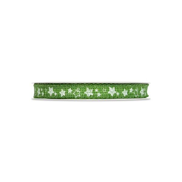 Grünes Stoffband in Leinenoptik mit weißen Sternen für Weihnachtsdeko.