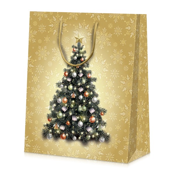 Wunderschön gestaltete Geschenktasche mit geschmücktem Weihnachtsbaum.