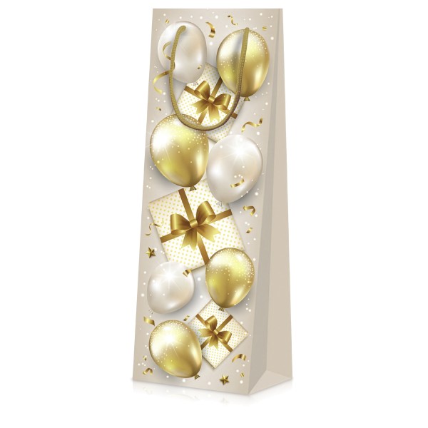 Geschenktüte für eine Flasche Wein oder Sekt mit Party-Motiv: Ballons und Geschenke.