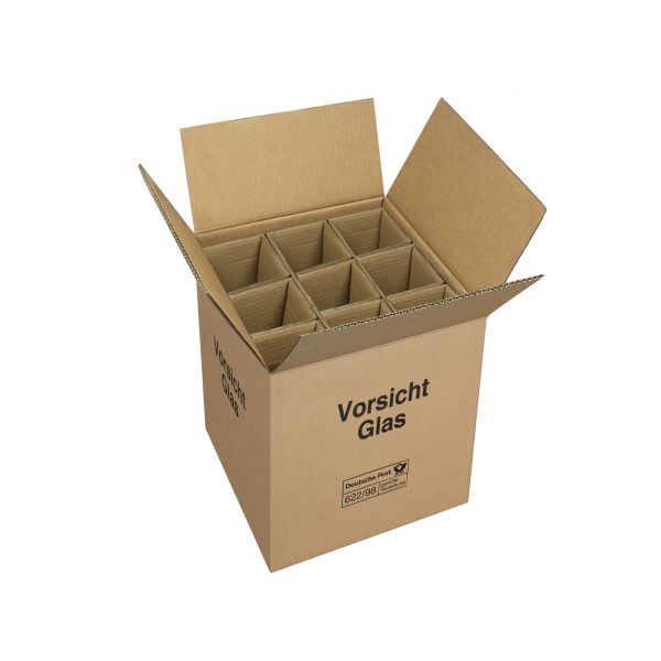 9er Flaschenkarton geöffnet - für den sicheren Postversand mit Aufschrift "Vorsicht Glas".