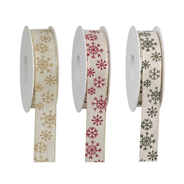 Weihnachtsgeschenkbänder aus Leinen mit Schneeflockenmotiv und Drahtkante in drei Farben.
