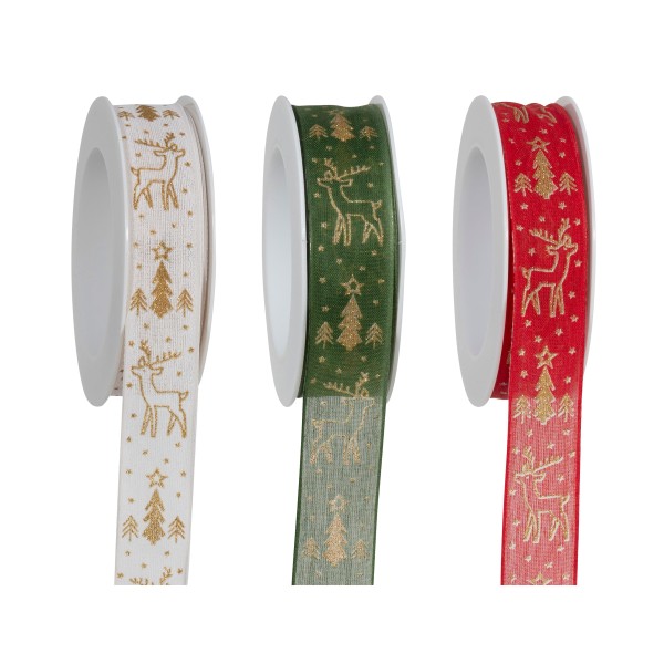 Drahtkantenband mit Rentier Aufdrucken zum Binden von Weihnachtsgeschenken. 