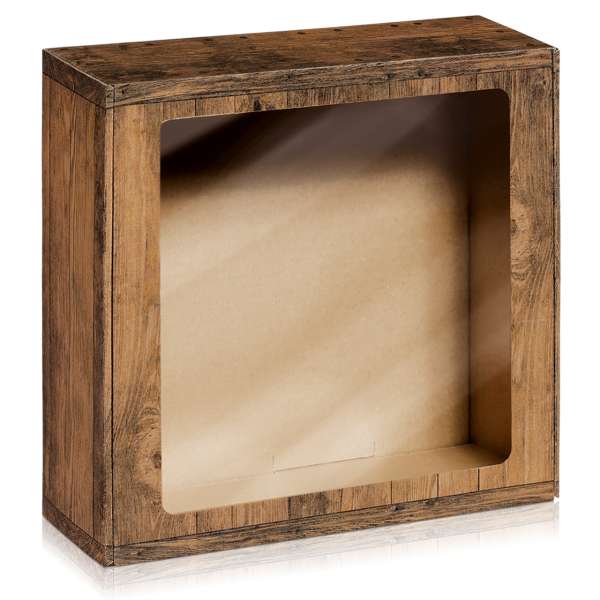Große Geschenkbox in Holzoptik mit Sichtfenster.