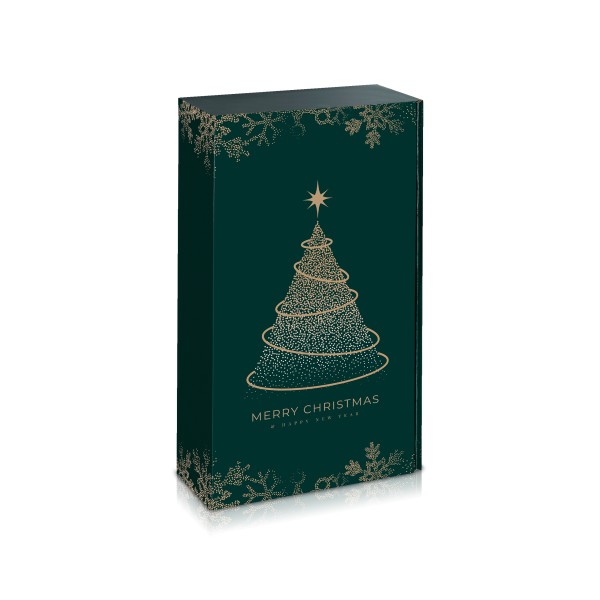 Geschenkkarton mit Weihnachtsbaum und Schneesternen in Dunkelgrün.