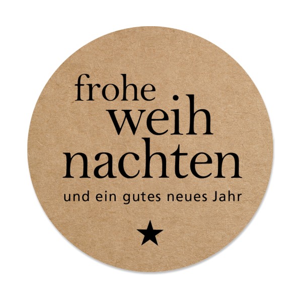 Naturfarbener Dekosticker für Weihnachten mit schwarzer Aufschrift "frohe weihnachten und ein gutes neues Jahr".