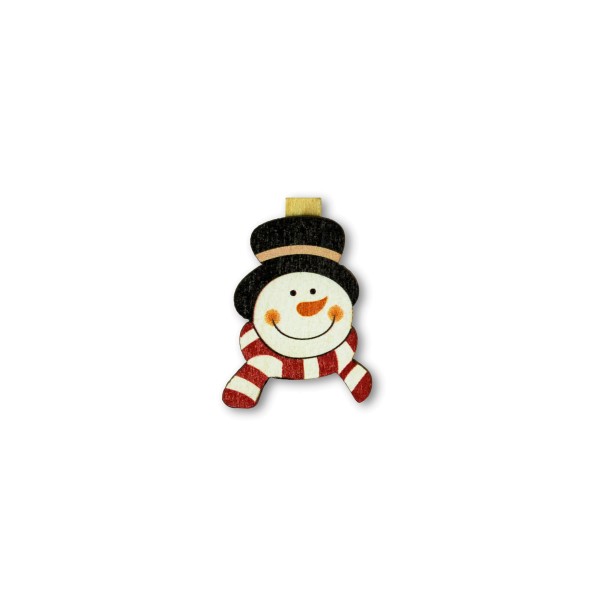 Dekorative Holzklammer mit Schneemann-Motiv für Geschenkverpackungen.