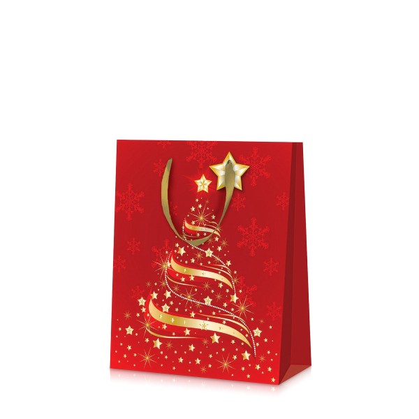 Weihnachtsgeschenktasche mit Motiv in Gold inkl. Tragebänder in kleiner Ausführung. 
