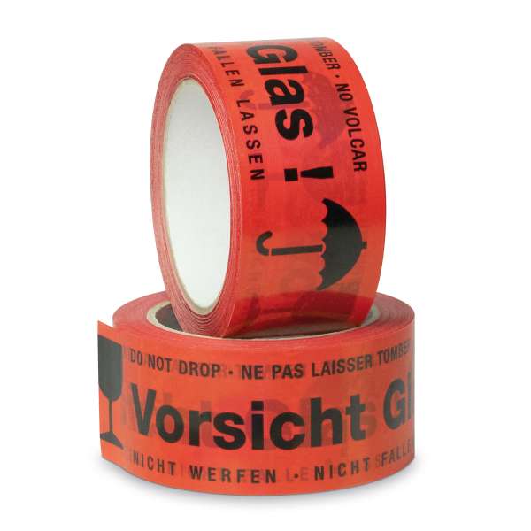 Rotes Warnklebeband mit Aufschrift "Vorsicht Glas!".