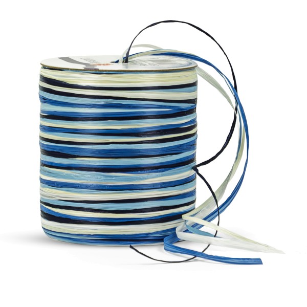 Bastband in blauen Farbtönen auf Spule zum Binden für Geschenkverpackungen. 