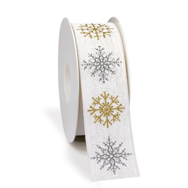 Weihnachtsband breit in Weiß mit Schneeflocken.