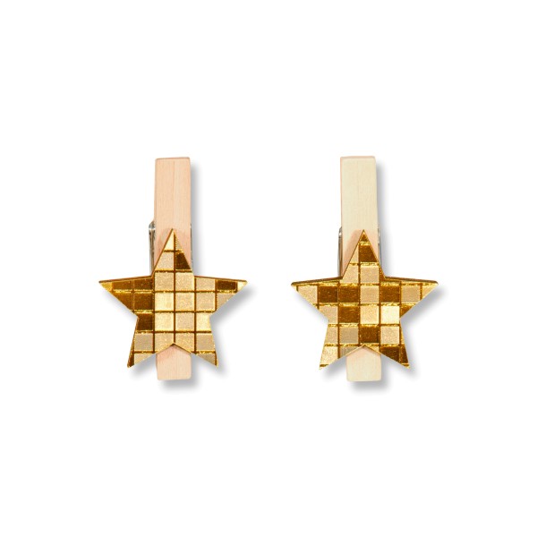 Dekorative Holz-Clips in Sternen Form mit Effekt-Folie.