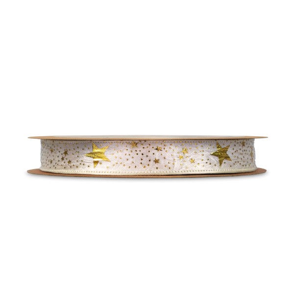 Cremefarbenes Weihnachts-Geschenkband mit goldenen Sternen.