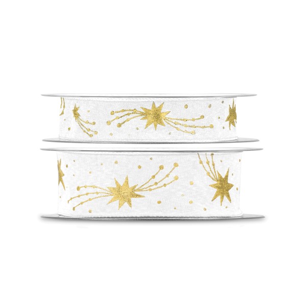 Cremefarbene Weihnachtsbänder mit goldenen Sternschnuppen.