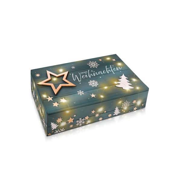 Schöner Stollenkarton mit Weihnachtsstern und Lichterkette als Motiv in Hollzoptik.