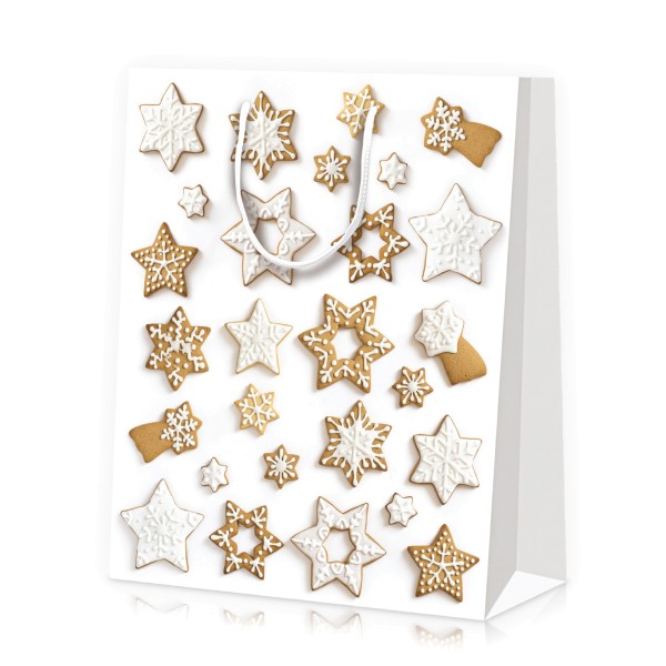 Tragetasche für größere Weihnachtsgeschenke in Weiß mit Plätzchen-Motiv.