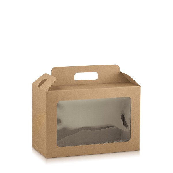 Tragekarton für Delikatessen und Mischpräsente in Natur mit Griff und Sichtfenster.