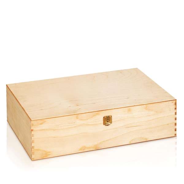 Holzkiste mit Klappdeckel für drei Weinflaschen.