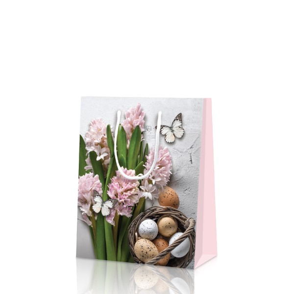 Dekorative Geschenktüte mitt tollem Blumenmotiv für die Osterzeit und den Frühling.