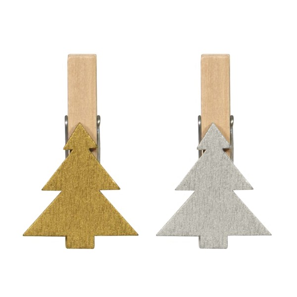 Kleine Holzklammern mit Weihnachtsbäumen in Gold und Silber.