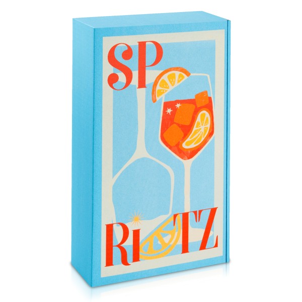 Geschenkkarton mit sommerlichem Motiv, Cocktailgläser und Limetten.