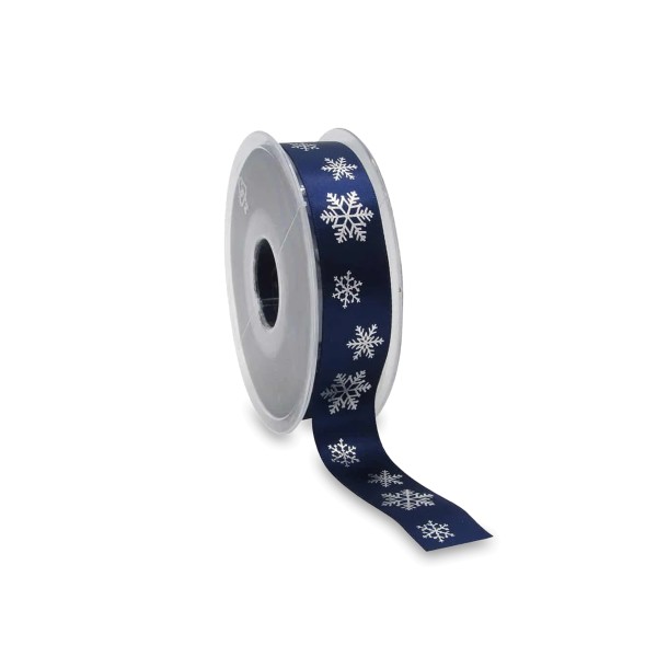 Marineblaues Satinband für Weihnachten, bedruckt mit silbernen Schneeflocken.