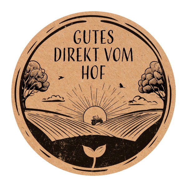 Aufkleber mit Aufschrift "Gutes direkt vom Hof" zur Auszeichnung von Produkten.