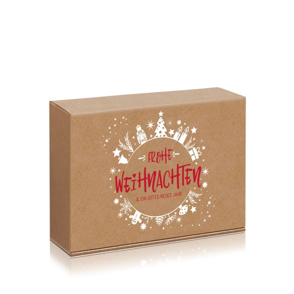 Naturfarbene Geschenkbox mit modernem weihnachtlichen Motiv.