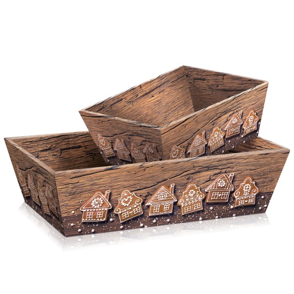 Präsentkörbe für Weihnachten mit rustikalem Holzdesign.