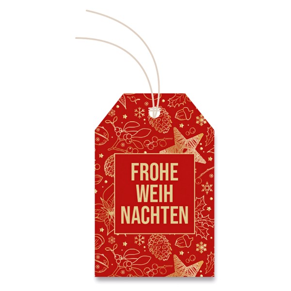 Geschenkanhänger für Weihnachtspräsente in Rot mit Aufschrift: Frohe Weihnachten.
