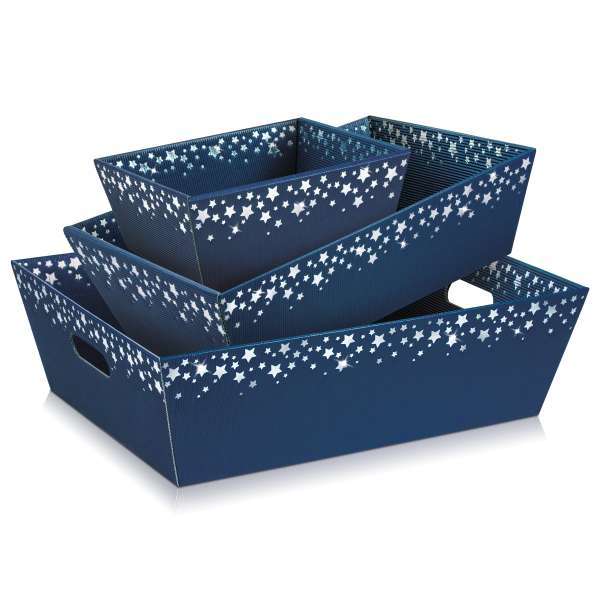 Präsentkorb aus Pappe für Weihnachten, in Blau mit silbernen Sternen.