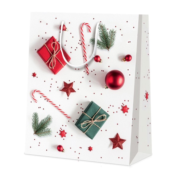 Geschenktasche für Weihnachtspräsente und Überraschungen mit festlichem Motiv.
