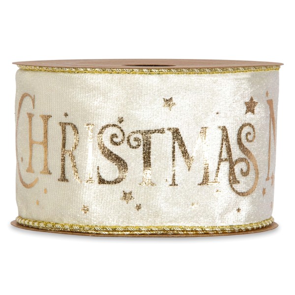Cremefarbenes Geschenkband für Weihnachten aus Samt mit goldenem Aufdruck Merry Christmas. 