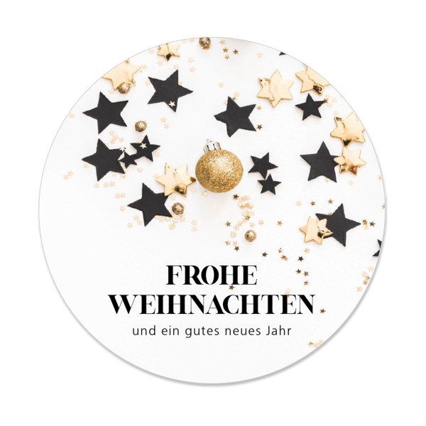 Weißer Sticker für Weihnachten mit Sternen und schwarzer Aufschrift "FROHE WEIHNACHTEN und ein gutes neues Jahr".